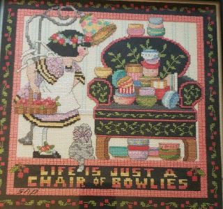 Mary Engelbreit Cross Stitch Life is Just a Chair of Bowlies Framed 12 