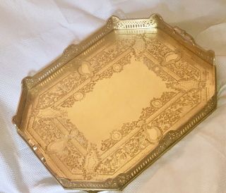 Vintage Large 22” X 20” Hand Crafted Brass Ornate Etched Footed Serving Tray