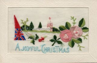 A Joyful Christmas: Church Scene: Ww1 Patriotic Embroidered Silk Postcard