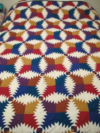 Vtg Hand Quilted Machine Pieced Log Cabin Variation Quilt 95 X 83 " Vivid Colors