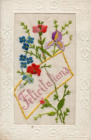 Felicitations: Ww1 Embroidered Silk Postcard