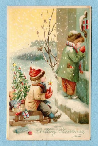 Htl 32 Postcard Hold To Light " A Merry Christmas " Children At Door