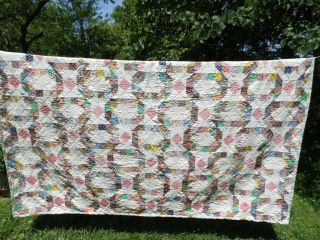 Vintage Hand Made Patchwork Quilt 94 " X 82 " Bright Floral Backing