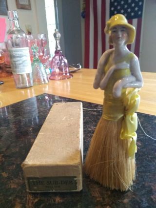 Vintage Whisk Broom Brush With Porcelain Woman Handle Germany 6 " Tall