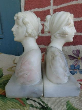 Vintage Victorian Hand Carved Alabaster Lady Bust Bookends Set Old Estate