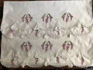 Vintage Pair Hand Embroidered Wisteria Floral Pillowcases Standard Size