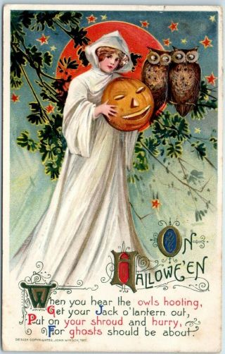 Vintage Winsch Halloween Postcard Schmucker Girl Jol Owls 1911 Cancel