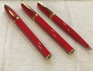 St Dupont Fidelio Coral Red Laquer Gt Fountain Pen Bp & Roller Set - Estate