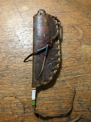 Vintage Mountain Man Painted And Beaded Knife Sheath With Curved Boning Knife