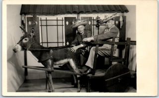 Tijuana,  Mexico Rppc Real Photo Postcard 2 Older Men Studio Stuffed Donkey 1940s