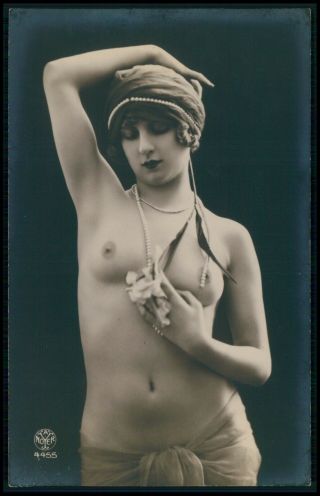 French Nude Woman Turban And Pearls Old 1920s Photo Postcard
