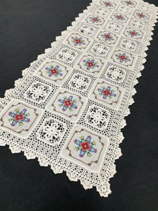 Vintage Hand Crocheted Needlepoint Squares Table Runner Doily 40 " X 13.  5 "