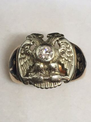 Massive Solid 14k Gold,  Enamel,  Diamond Masonic Double Eagle 32nd Degree Ring