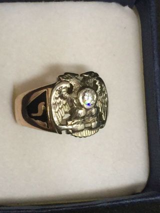 Massive Solid 14K Gold,  Enamel,  Diamond Masonic Double Eagle 32nd Degree Ring 8