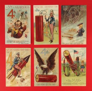 Pfb Series 9507 - Fourth Of July Postcards - Set Of 6 - Signed Bunnell - Funny