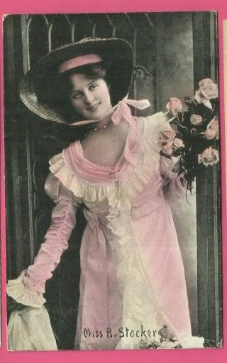 Pretty Lady Dressed In Pink/ Miss B.  Stocker/ Pink Roses/ Bonnet/non - Linen Pc