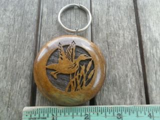 Vintage Myrtlewood Wood Carved Duck In Flight With Cattails Keychain Key Chain