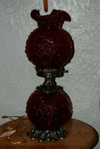 Fenton " Poppy " Table Lamp Gwtw Ruby Red Cranberry Art Glass,  Three Way Light.