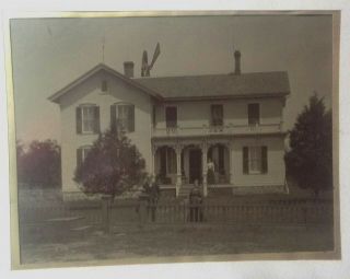 Full Plate Tintype Of.  Victorian White Farmhouse With Windmill