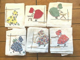 6 Vintage Kitchen Dish Towels W H/embroidered Days Of The Week Bonnet Lady