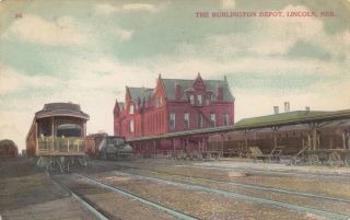 Lincoln,  Nebraska,  1900 - 1910s; Burlington Depot,  Train On Tracks