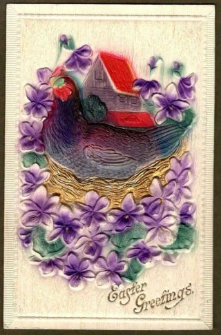 Hen On Nest Novelty,  Celluloid Bas Relief Vintage Easter,  German Made
