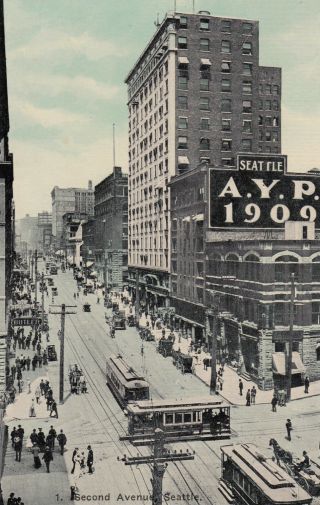 Seattle,  Washington,  00 - 10s; Second Avenue,  Trolleys,  Billboard Ad; A.  Y.  P.  1909