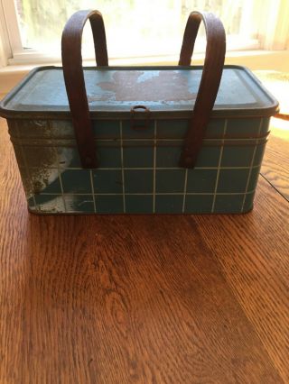 Vintage Blue Plaid Metal Lunch Basket Box Picnic Wood Handles Farmhouse Decor