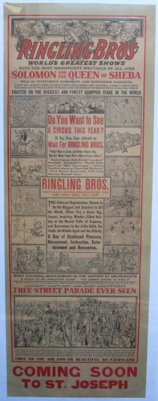 100 - Year - Old Ringling Bros Circus Poster/broadside “coming Soon” To St Joseph Mi