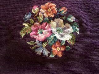 Antique vintage wool needlepoint seat/chair/pillow cover aubergine floral garden 2