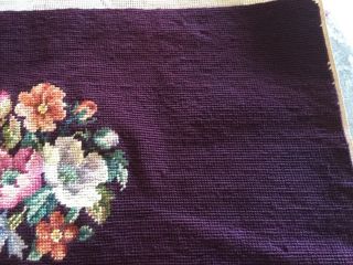 Antique vintage wool needlepoint seat/chair/pillow cover aubergine floral garden 5