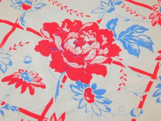 Vintage Cotton Tablecloth Huge Peonies Red White Blue Lattice 48x60 " Peony Daisy