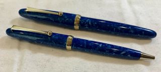 Sailor Magellan Fountain Pen & Bp Pen Lapis Lazuli Blue Gt 14k Nib Estate