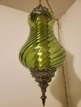 Vtg Mid Century Swag Lamp,  Olive Green Optic Glass Globe Ceiling Hollywood 25 "