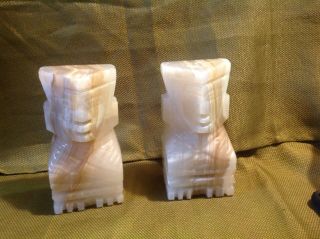 Vintage Aztec Mayan Tiki Carved Marble Onyx Stone Bookends Set Of 2
