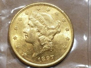 1897 S $20 Liberty Head Gold Double Eagle Coin About Uncirculated AU / MS 5