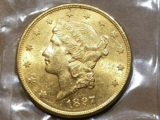 1897 S $20 Liberty Head Gold Double Eagle Coin About Uncirculated AU / MS 7