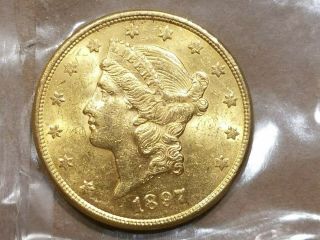 1897 S $20 Liberty Head Gold Double Eagle Coin About Uncirculated AU / MS 9