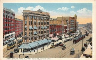 Lps59 Akron Ohio Oh Postcard Aerial Looking North From Flatiron Building Trolley