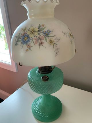 Aladdin Green Moonstone Diamond Quilt Oil Lamp With Hand Painted Glass Shade