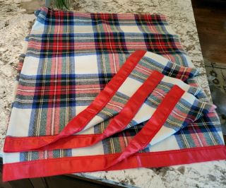 Vintage Wool Camp Blanket Red And Blue Plaid Satin Trim 58 " X78 "