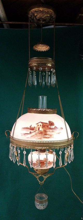 Bradley Hubbard Hand Painted Grist Mill Hanging Parlor Lamp W/hot Match Holder