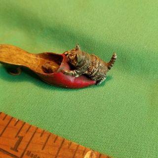 Antique Cat Mouse Shoe Miniature Austrian Cold Painted Bronze Figure Paint