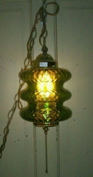 Vintage Mid Century Green Glass Hanging Swag Lamp/light Retro Pull Chain Switch