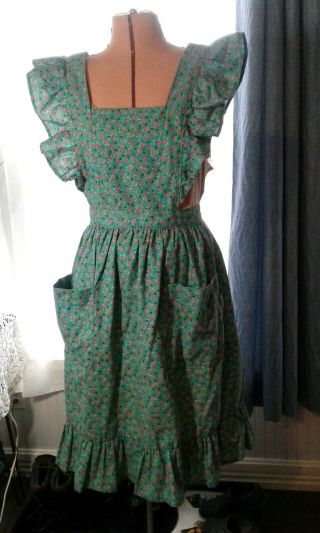 Vintage Bib Apron With Ruffles Pinafore Style With Pockets & Ties Floral Print