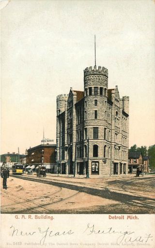 Michigan,  Mi,  Detroit,  G A R Building W/ Trolley Udb Postcard Pre - 1907