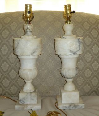 Matching Pair Vintage White Alabaster Neoclassical Style Table Lamps 18 " Tall