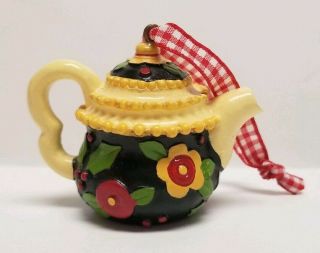 Mary Engelbreit Mini Teapot Ornament Tea Figurine Black W/ Yellow Vintage Me Ink