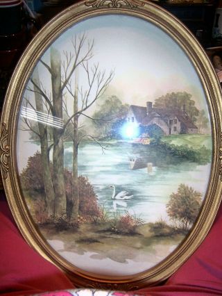 Vintage Homco 13x17 Oval Glass Covered Swan In Lake Picture