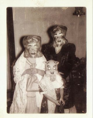 Vintage Old 1957 Photo Of Children Wearing Pig & Lady Halloween Masks Costumes